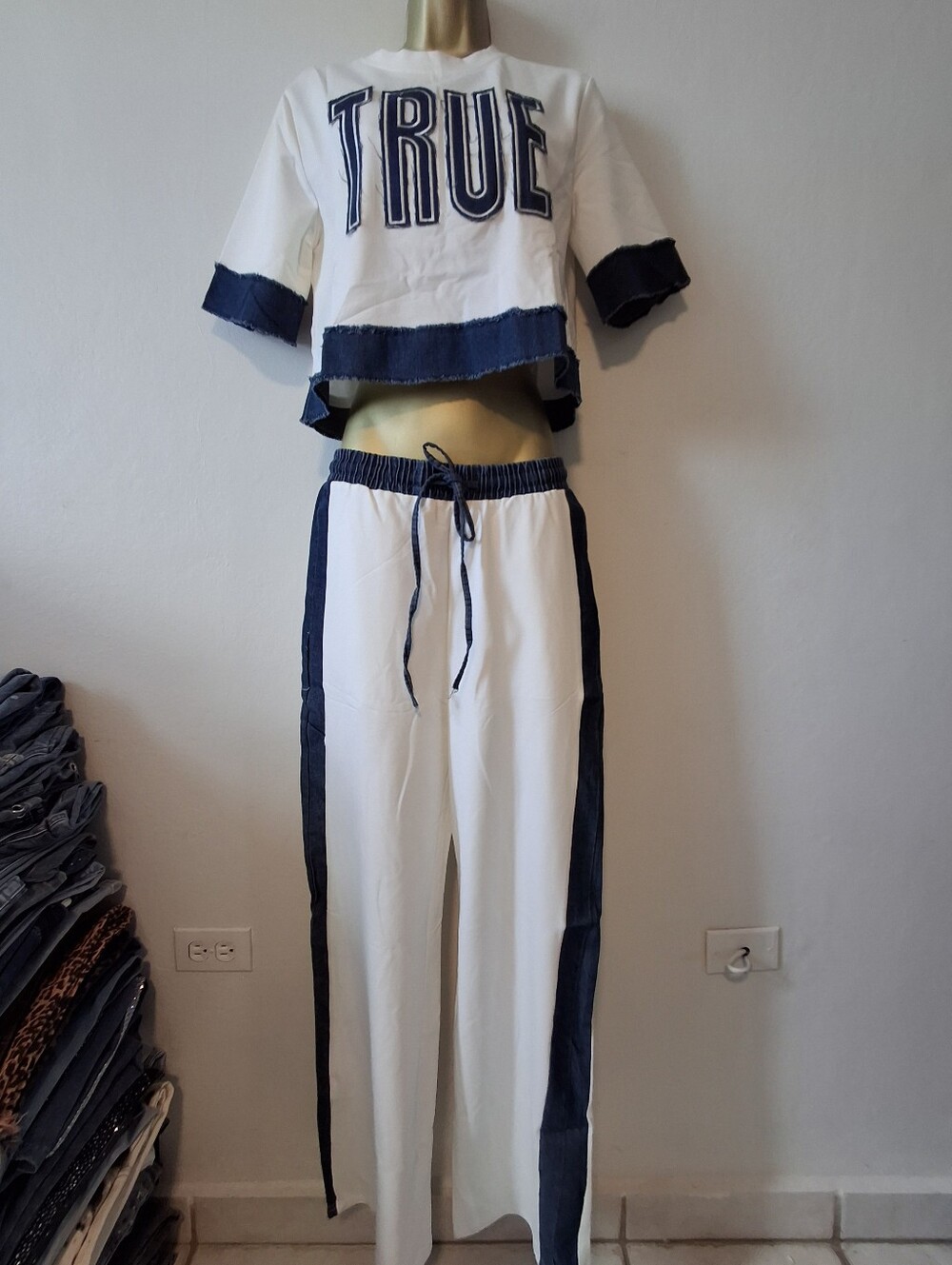 White & Navy 'TRUE' Two-Piece Set - Crop Top & Pants
